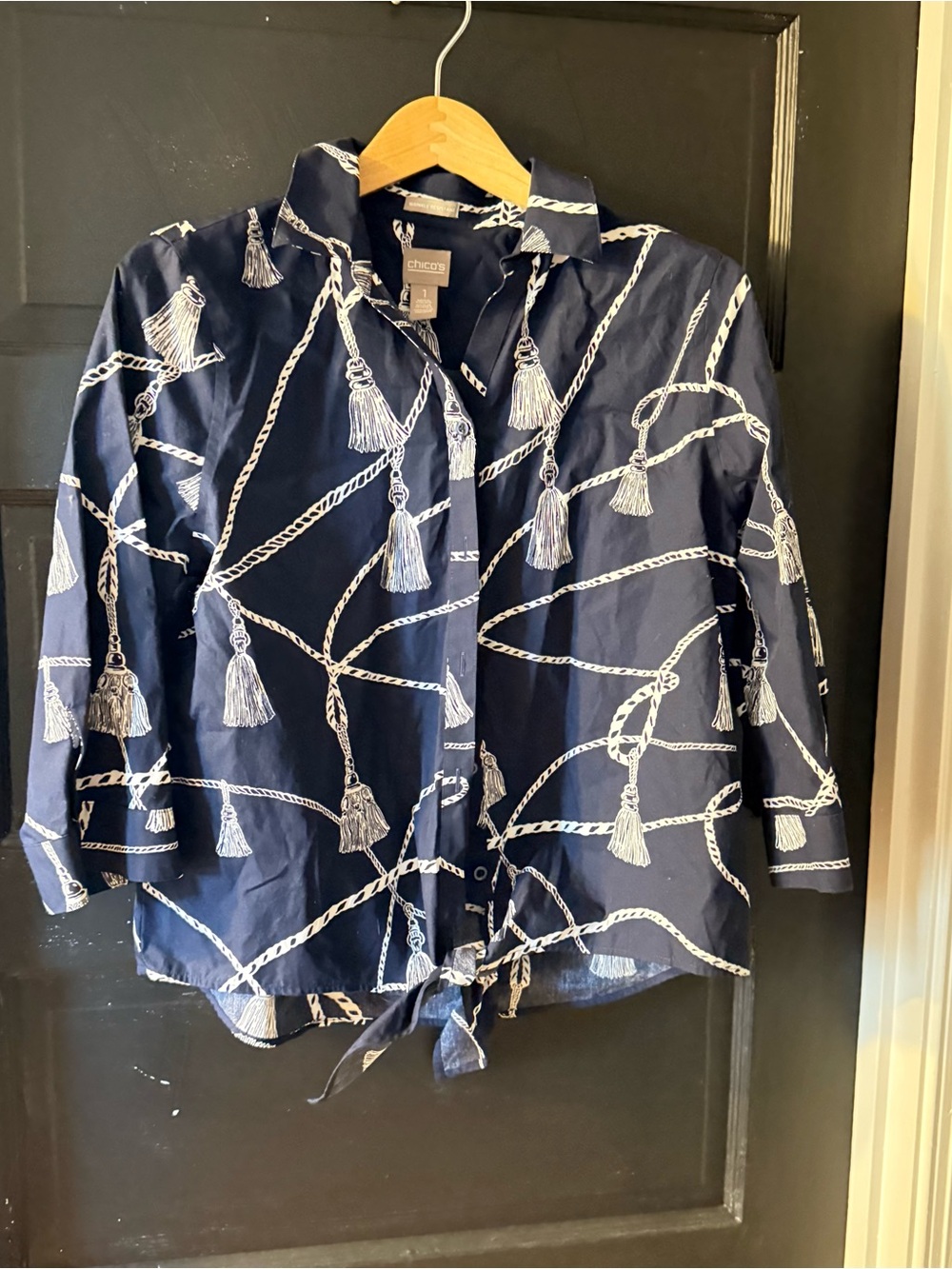 Chico's Navy and White Tassel-Print Button-Front Shirt
